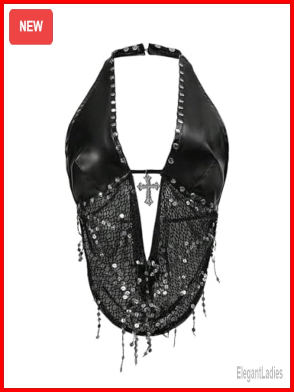 Women's PU Leather Sparkly Halter Crop Top Y2k Rave Club Party Top